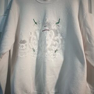 Vintage White Sweatshirt with Embroidered cottage core teapot